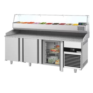 Chladiaci stôl na pizzu PREMIUM - 2100x800mm - s 3 dvierkami - vrátane chladiacej vitríny - 10x GN 1/3