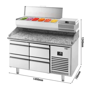 Chladiaci stôl na pizzu PREMIUM PLUS - 1490x700mm - so 4 zásuvkami - vrátane chladiacej vitríny - 6x GN 1/4