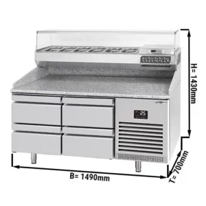 Chladiaci stôl na pizzu PREMIUM PLUS - 1490x700mm - so 4 zásuvkami - vrátane chladiacej vitríny - 6x GN 1/4