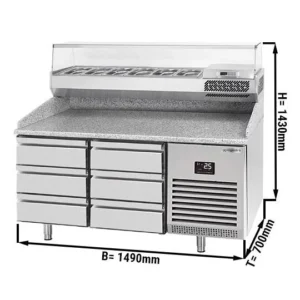 Chladiaci stôl na pizzu PREMIUM PLUS - 1490x700mm - so 6 zásuvkami - vrátane chladiacej vitríny - 6x GN 1/4
