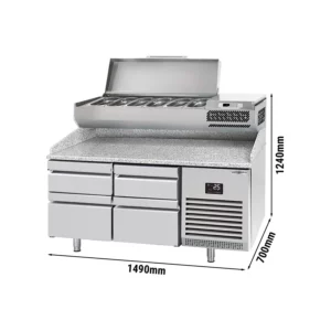 Chladiaci stôl na pizzu PREMIUM PLUS - 1490x700mm - so 4 zásuvkami - vrátane chladiacej vitríny - 6x GN 1/4