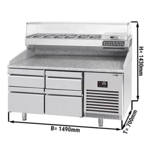 Chladiaci stôl na pizzu PREMIUM PLUS - 1490x700mm - so 4 zásuvkami - vrátane chladiacej vitríny - 6x GN 1/4