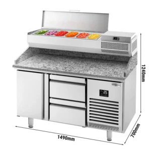 Chladiaci stôl na pizzu PREMIUM PLUS - 1490x700mm - s 1 dvierkami a 2 zásuvkami - vrátane chladiacej vitríny - 6x GN 1/4