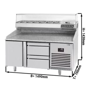 Chladiaci stôl na pizzu PREMIUM PLUS - 1490x700mm - s 1 dvierkami a 2 zásuvkami - vrátane chladiacej vitríny - 6x GN 1/4