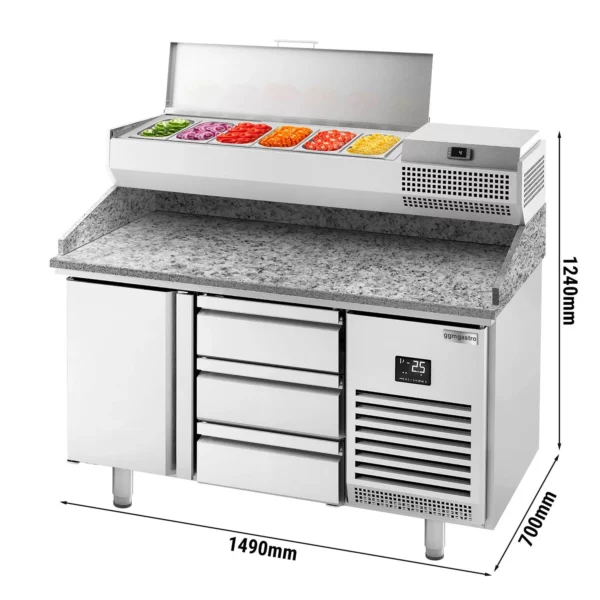 Chladiaci stôl na pizzu PREMIUM PLUS - 1490x700mm - s 1 dvierkami a 3 zásuvkami - vrátane chladiacej vitríny - 6x GN 1/4