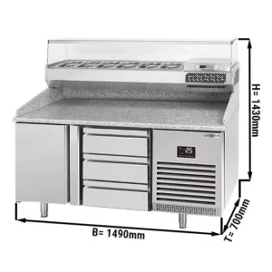 Chladiaci stôl na pizzu PREMIUM PLUS - 1490x700mm - s 1 dvierkami a 3 zásuvkami - vrátane chladiacej vitríny - 6x GN 1/4