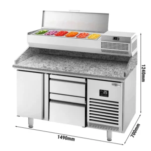 Chladiaci stôl na pizzu PREMIUM PLUS - 1490x700mm - s 1 dvierkami a 2 zásuvkami - vrátane chladiacej vitríny - 6x GN 1/4
