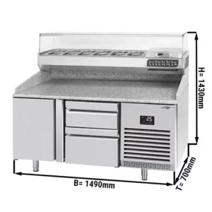 Chladiaci stôl na pizzu PREMIUM PLUS - 1490x700mm - s 1 dvierkami a 2 zásuvkami - vrátane chladiacej vitríny - 6x GN 1/4