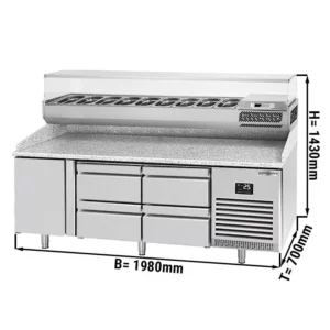 Chladiaci stôl na pizzu PREMIUM PLUS - 1980x700mm - s 1 dvierkami a 4 zásuvkami - vrátane chladiacej vitríny - 9x GN 1/4
