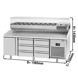 Chladiaci stôl na pizzu PREMIUM PLUS - 1980x700mm - s 1 dvierkami a 6 zásuvkami - vrátane chladiacej vitríny - 9x GN 1/4