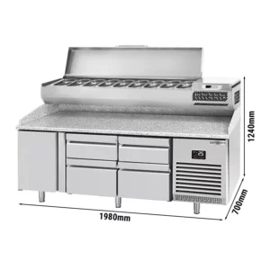 Chladiaci stôl na pizzu PREMIUM PLUS - 1980x700mm - s 1 dvierkami a 4 zásuvkami - vrátane chladiacej vitríny - 9x GN 1/4