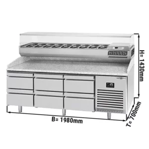 Chladiaci stôl na pizzu PREMIUM PLUS - 1980x700mm - so 6 zásuvkami - vrátane chladiacej vitríny - 9x GN 1/4