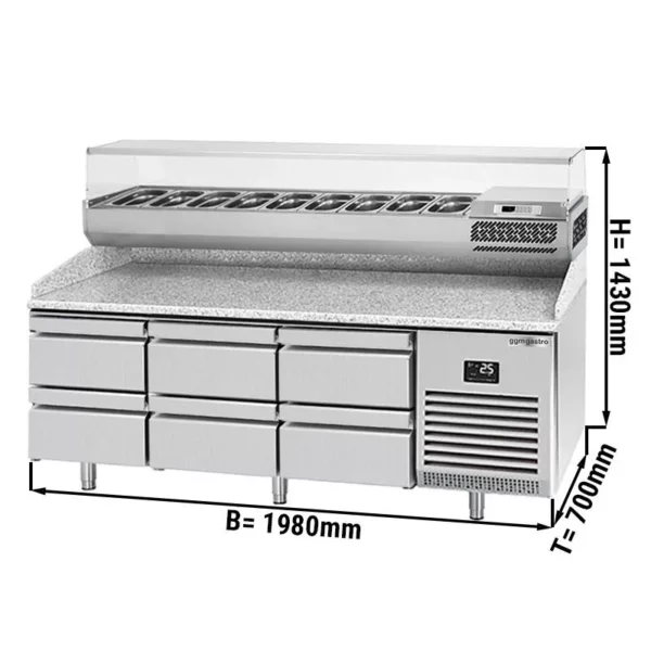 Chladiaci stôl na pizzu PREMIUM PLUS - 1980x700mm - so 6 zásuvkami - vrátane chladiacej vitríny - 9x GN 1/4