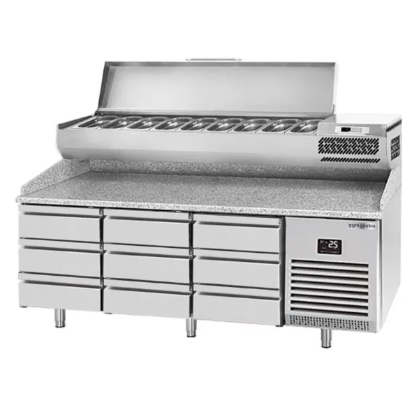 Chladiaci stôl na pizzu PREMIUM PLUS - 1980x700mm - s 9 zásuvkami - vrátane chladiacej vitríny - 9x GN 1/4 - Image 3