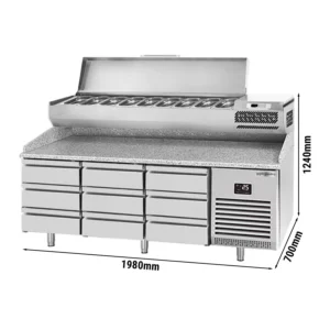Chladiaci stôl na pizzu PREMIUM PLUS - 1980x700mm - s 9 zásuvkami - vrátane chladiacej vitríny - 9x GN 1/4