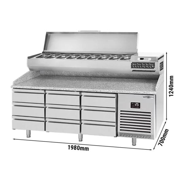Chladiaci stôl na pizzu PREMIUM PLUS - 1980x700mm - s 9 zásuvkami - vrátane chladiacej vitríny - 9x GN 1/4