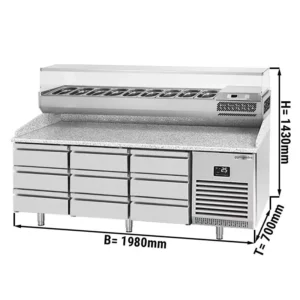Chladiaci stôl na pizzu PREMIUM PLUS - 1980x700mm - s 9 zásuvkami - vrátane chladiacej vitríny - 9x GN 1/4