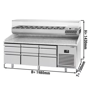 Chladiaci stôl na pizzu PREMIUM PLUS - 1980x700mm - so 6 zásuvkami - vrátane chladiacej vitríny - 9x GN 1/4