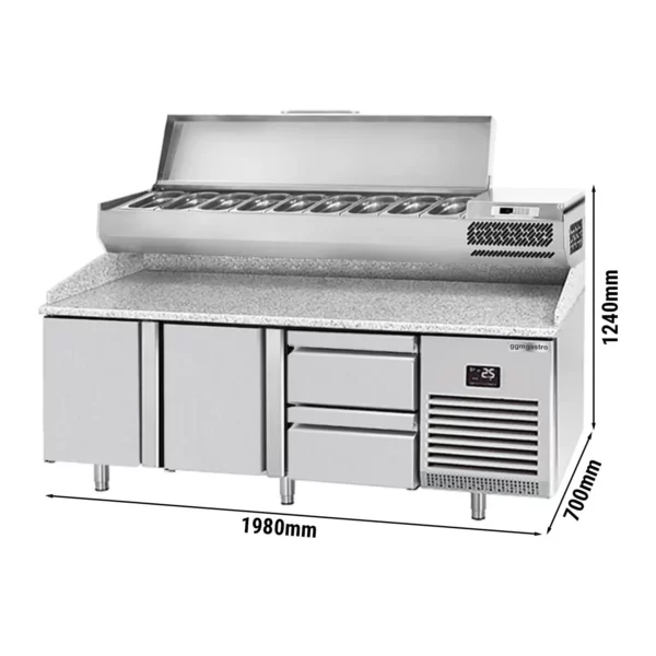 Chladiaci stôl na pizzu PREMIUM PLUS - 1980x700mm - s 2 dvierkami a 2 zásuvkami - vrátane chladiacej vitríny - 9x GN 1/4