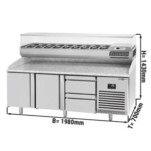 Chladiaci stôl na pizzu PREMIUM PLUS - 1980x700mm - s 2 dvierkami a 2 zásuvkami - vrátane chladiacej vitríny - 9x GN 1/4