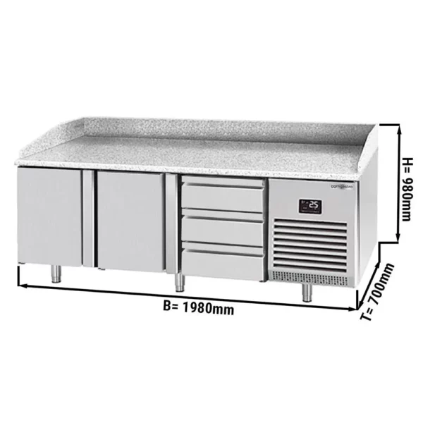 Chladiaci stôl na pizzu PREMIUM PLUS - 1980x700mm - s 2 dvierkami a 3 zásuvkami