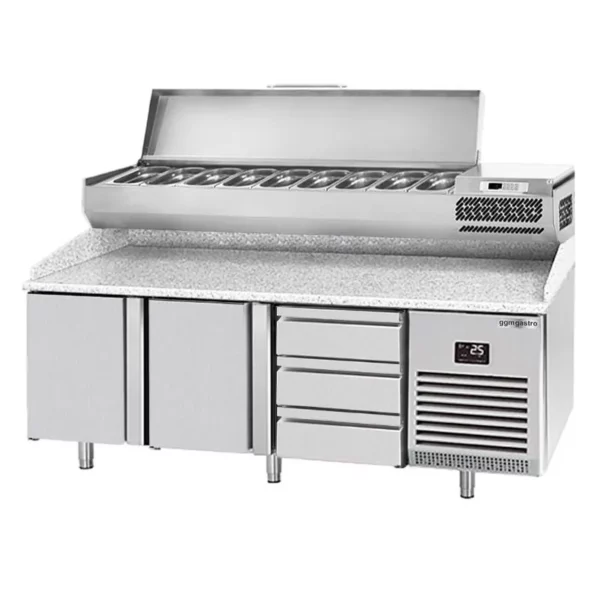 Chladiaci stôl na pizzu PREMIUM PLUS - 1980x700mm - s 2 dvierkami a 3 zásuvkami - vrátane chladiacej vitríny - 9x GN 1/4 - Image 6