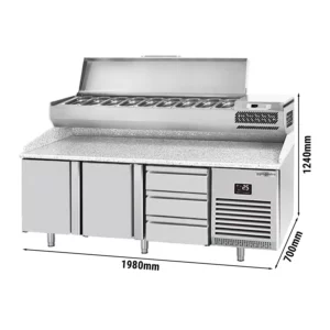 Chladiaci stôl na pizzu PREMIUM PLUS - 1980x700mm - s 2 dvierkami a 3 zásuvkami - vrátane chladiacej vitríny - 9x GN 1/4