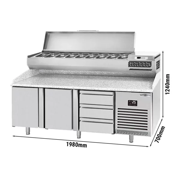 Chladiaci stôl na pizzu PREMIUM PLUS - 1980x700mm - s 2 dvierkami a 3 zásuvkami - vrátane chladiacej vitríny - 9x GN 1/4