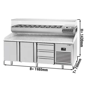 Chladiaci stôl na pizzu PREMIUM PLUS - 1980x700mm - s 2 dvierkami - vrátane chladiacej vitríny - 9x GN 1/4