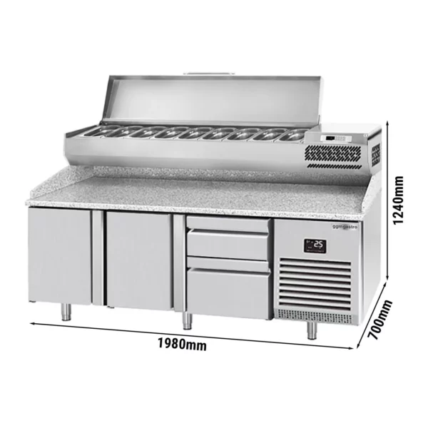 Chladiaci stôl na pizzu PREMIUM PLUS - 1980x700mm - s 2 dvierkami a 2 zásuvkami - vrátane chladiacej vitríny - 9x GN 1/4