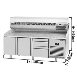 Chladiaci stôl na pizzu PREMIUM PLUS - 1980x700mm - s 2 dvierkami a 2 zásuvkami - vrátane chladiacej vitríny - 9x GN 1/4