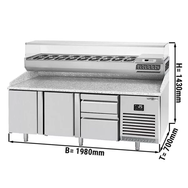Chladiaci stôl na pizzu PREMIUM PLUS - 1980x700mm - s 2 dvierkami a 2 zásuvkami - vrátane chladiacej vitríny - 9x GN 1/4
