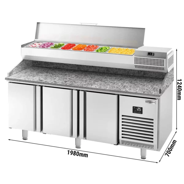 Chladiaci stôl na pizzu PREMIUM PLUS - 1980x700mm - s 3 dvierkami - vrátane chladiacej vitríny - 9x GN 1/4