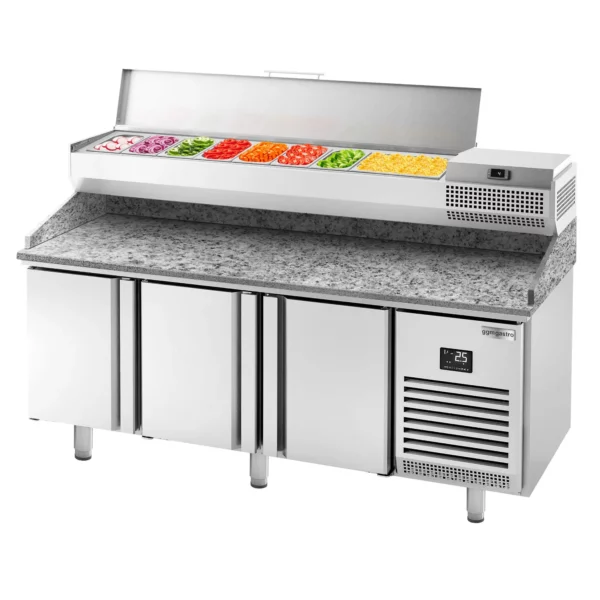 Chladiaci stôl na pizzu PREMIUM PLUS - 1980x700mm - s 3 dvierkami - vrátane chladiacej vitríny - 9x GN 1/4 - Image 12