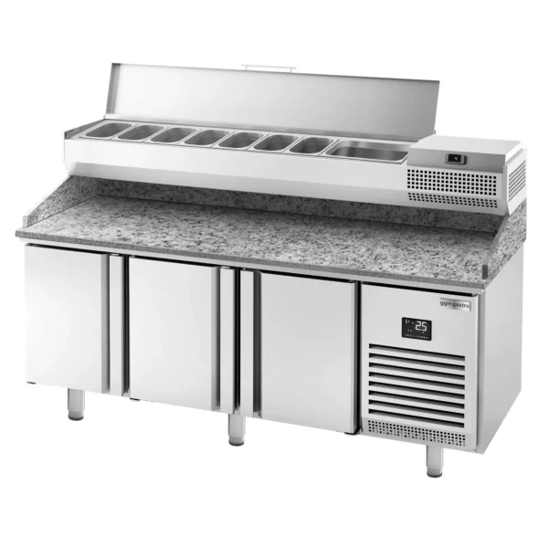 Chladiaci stôl na pizzu PREMIUM PLUS - 1980x700mm - s 3 dvierkami - vrátane chladiacej vitríny - 9x GN 1/4 - Image 13