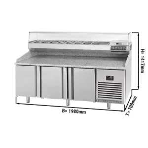 Chladiaci stôl na pizzu PREMIUM PLUS - 1980x700mm - s 3 dvierkami - vrátane chladiacej vitríny - 9x GN 1/4