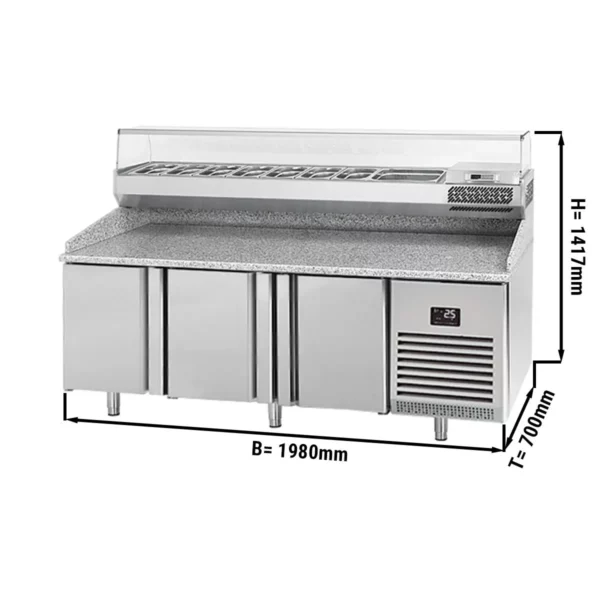 Chladiaci stôl na pizzu PREMIUM PLUS - 1980x700mm - s 3 dvierkami - vrátane chladiacej vitríny - 9x GN 1/4