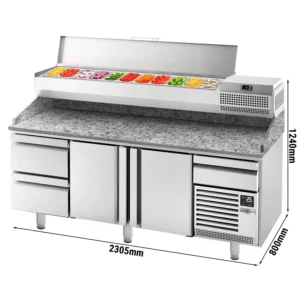 Chladiaci stôl na pizzu PREMIUM PLUS - 2305x800mm - s 2 dvierkami a 2 zásuvkami - vrátane chladiacej vitríny - 11x GN 1/4