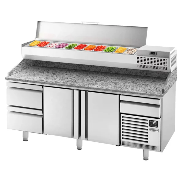 Chladiaci stôl na pizzu PREMIUM PLUS - 2305x800mm - s 2 dvierkami a 2 zásuvkami - vrátane chladiacej vitríny - 11x GN 1/4 - Image 13