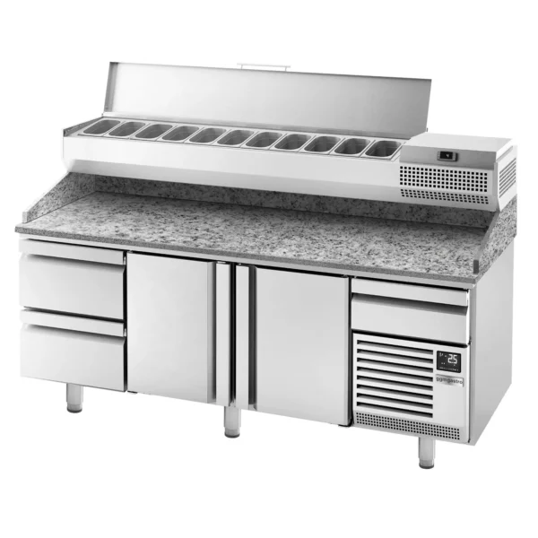 Chladiaci stôl na pizzu PREMIUM PLUS - 2305x800mm - s 2 dvierkami a 2 zásuvkami - vrátane chladiacej vitríny - 11x GN 1/4 - Image 14