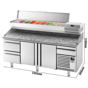 Chladiaci stôl na pizzu PREMIUM PLUS - 2305x800mm - s 2 dvierkami a 2 zásuvkami - vrátane chladiacej vitríny - 10x GN 1/3