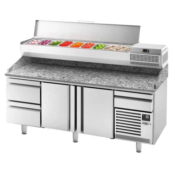Chladiaci stôl na pizzu PREMIUM PLUS - 2305x800mm - s 2 dvierkami a 2 zásuvkami - vrátane chladiacej vitríny - 10x GN 1/3 - Image 12