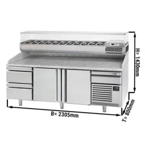 Chladiaci stôl na pizzu PREMIUM PLUS - 2305x800mm - s 2 dvierkami a 2 zásuvkami - vrátane chladiacej vitríny - 11x GN 1/4