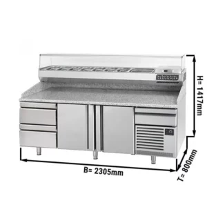 Chladiaci stôl na pizzu PREMIUM PLUS - 2305x800mm - s 2 dvierkami a 2 zásuvkami - vrátane chladiacej vitríny - 10x GN 1/3