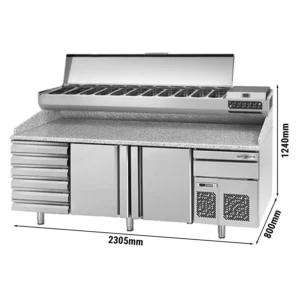 Chladiaci stôl na pizzu PREMIUM PLUS - 2305x800mm - s 2 dvierkami a 6 zásuvkami - vrátane chladiacej vitríny - 11x GN 1/4