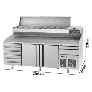 Chladiaci stôl na pizzu PREMIUM PLUS - 2305x800mm - s 2 dvierkami a 6 zásuvkami - vrátane chladiacej vitríny - 10x GN 1/3