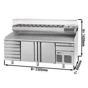 Chladiaci stôl na pizzu PREMIUM PLUS - 2305x800mm - s 2 dvierkami a 6 zásuvkami - vrátane chladiacej vitríny - 11x GN 1/4