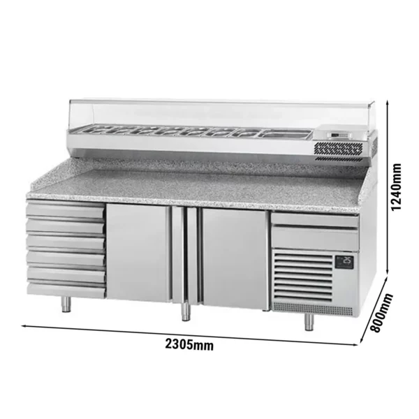 Chladiaci stôl na pizzu PREMIUM PLUS - 2305x800mm - s 2 dvierkami a 6 zásuvkami - vrátane chladiacej vitríny - 10x GN 1/3