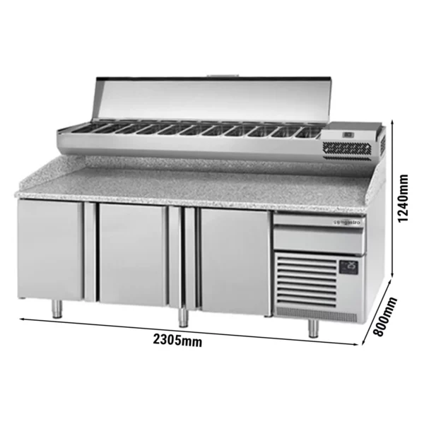 Chladiaci stôl na pizzu PREMIUM PLUS - 2305x800mm - s 3 dvierkami - vrátane chladiacej vitríny - 11x GN 1/4
