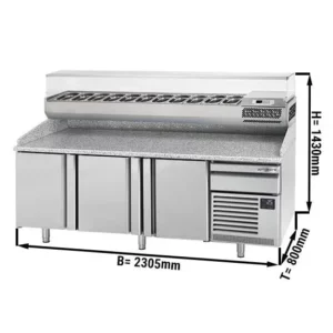 Chladiaci stôl na pizzu PREMIUM PLUS - 2305x800mm - s 3 dvierkami - vrátane chladiacej vitríny - 11x GN 1/4